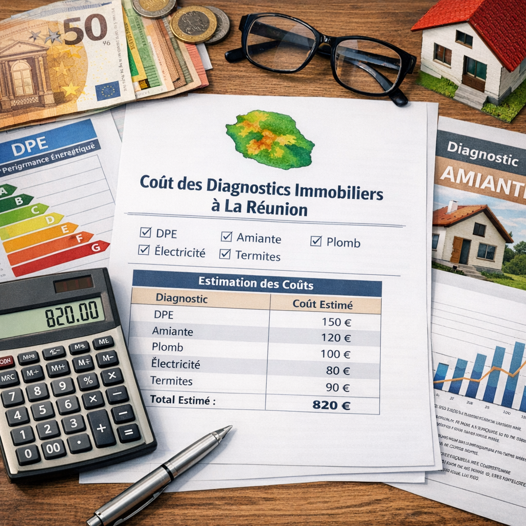 Calculatrice et documents financiers pour estimer le coût des diagnostics immobiliers à La Réunion